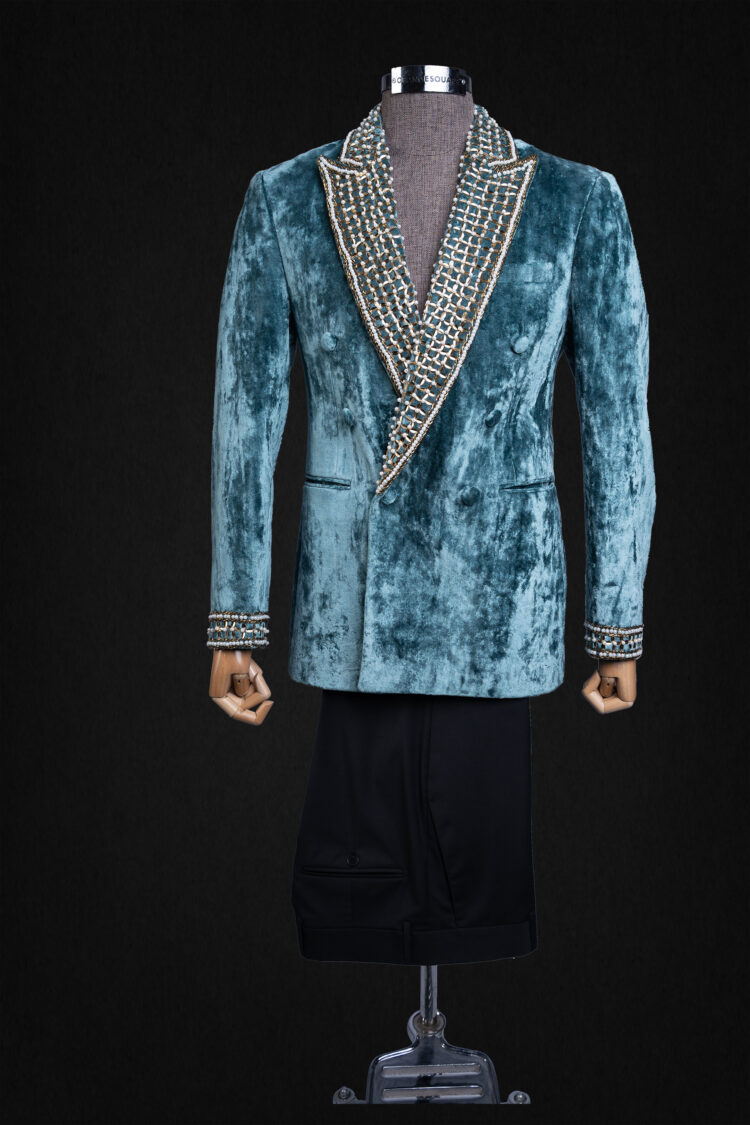 TURQUOISE FASHION VELVET SUIT