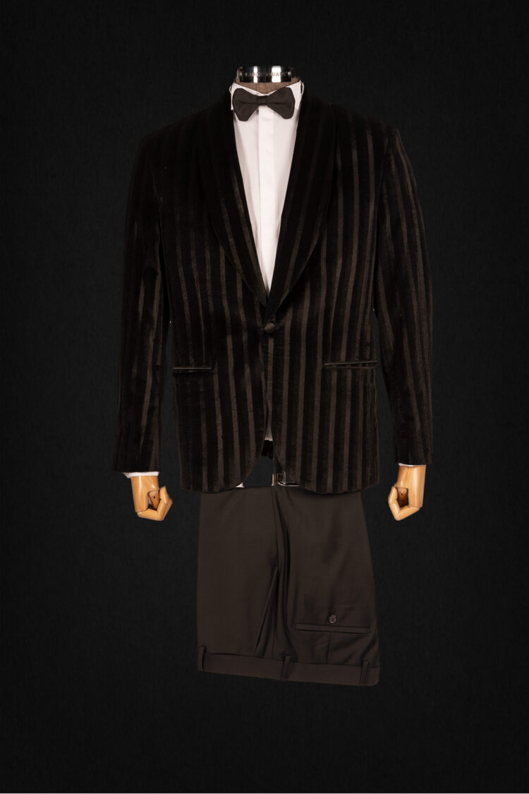 PIN STRIPE BLACK VELVET TUXEDO SUIT 